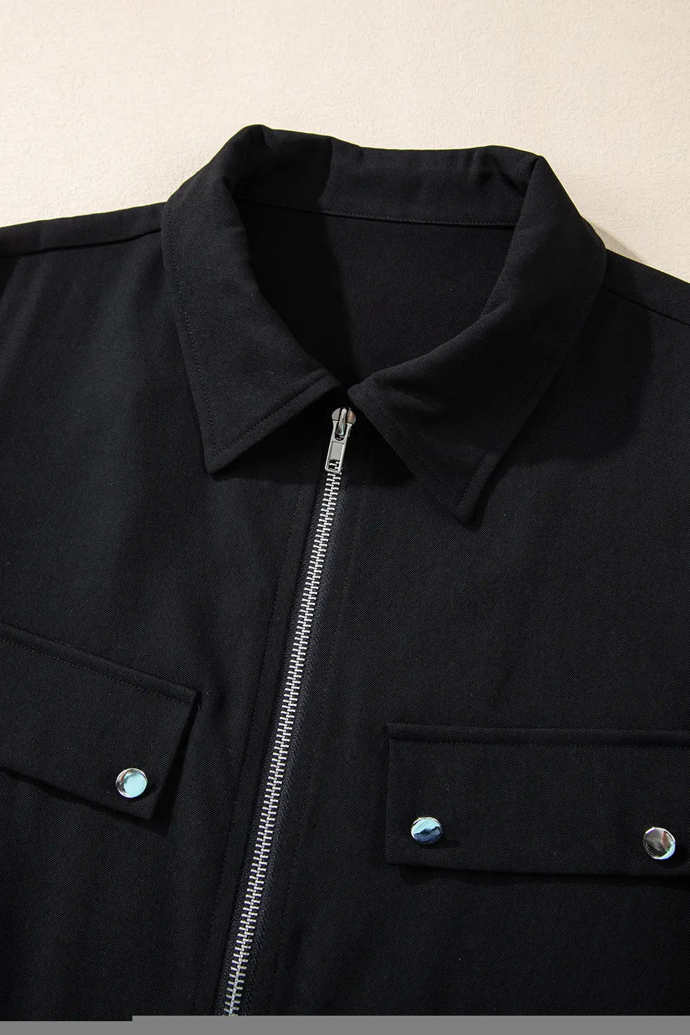 Black Collar Tab Sleeve Zip Up Flap Detail Jacket Beagle Boutique Fashion Outlet