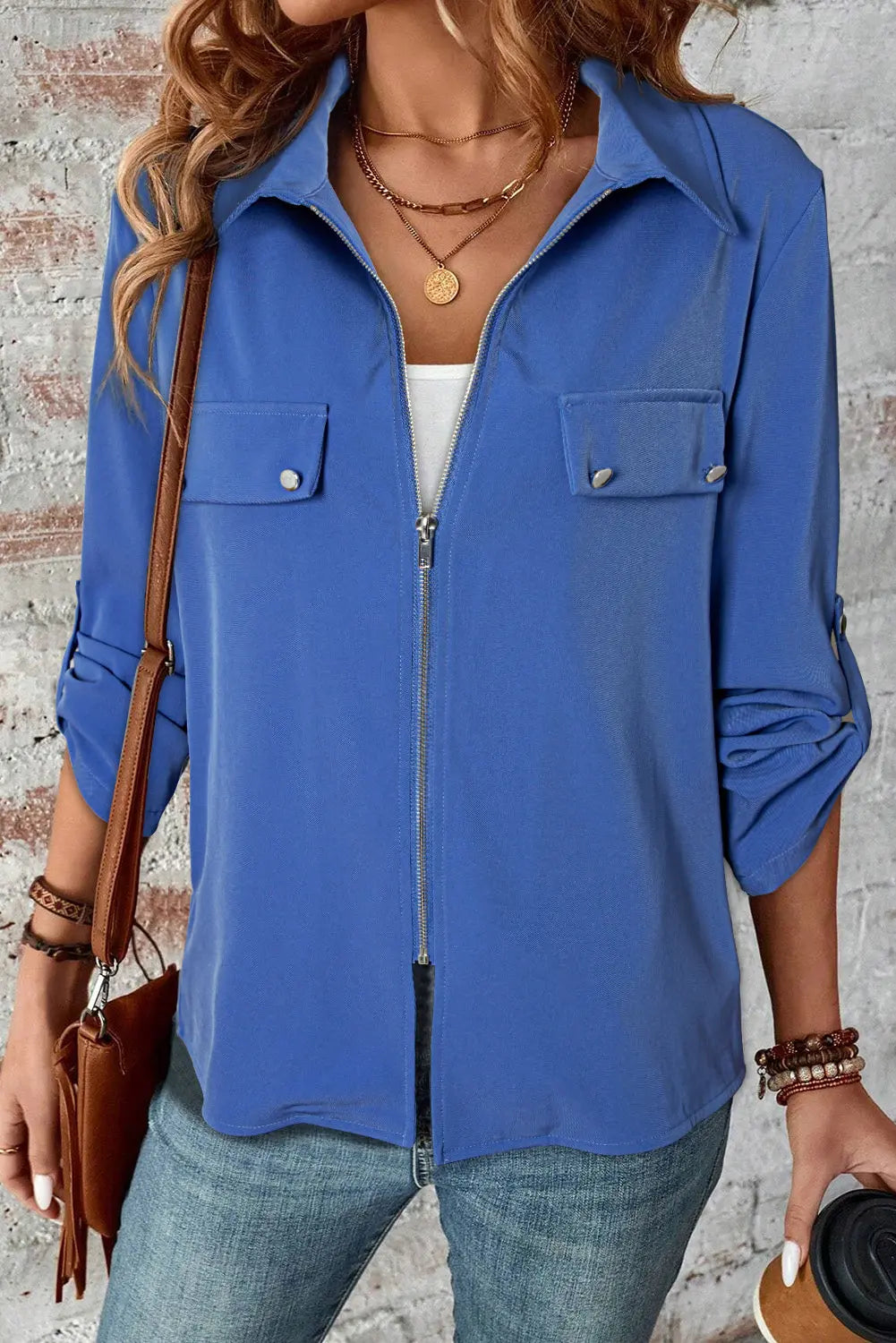 Black Collar Tab Sleeve Zip Up Flap Detail Jacket Beagle Boutique Fashion Outlet