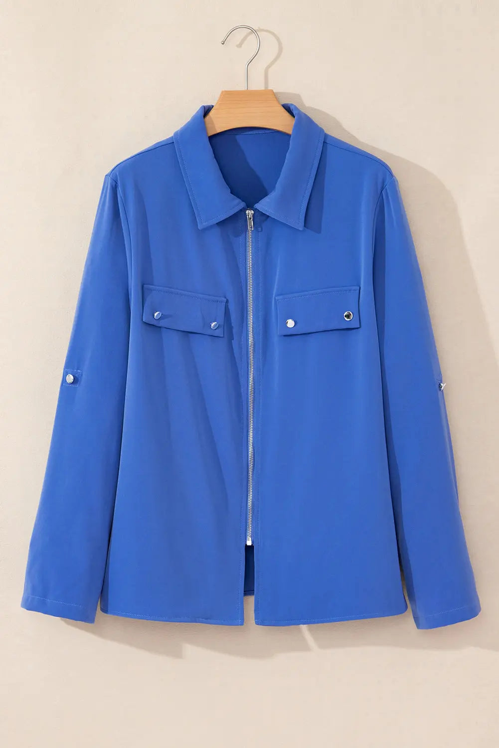 Black Collar Tab Sleeve Zip Up Flap Detail Jacket Beagle Boutique Fashion Outlet