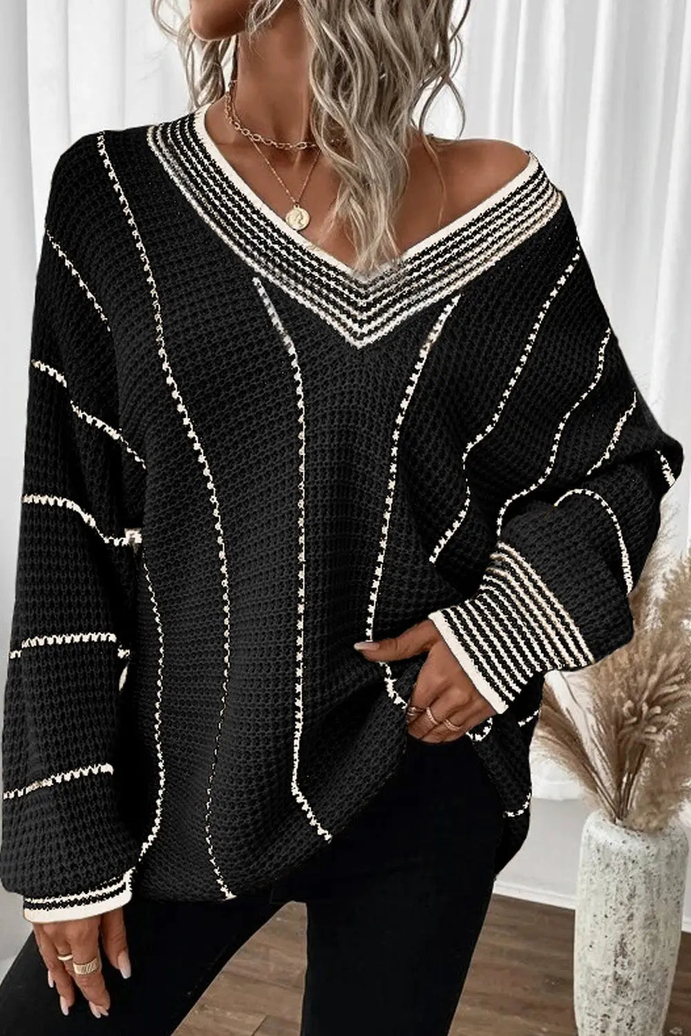 Black Colourblock Striped V Neck Knitted Loose Sweater Beagle Boutique Fashion Outlet