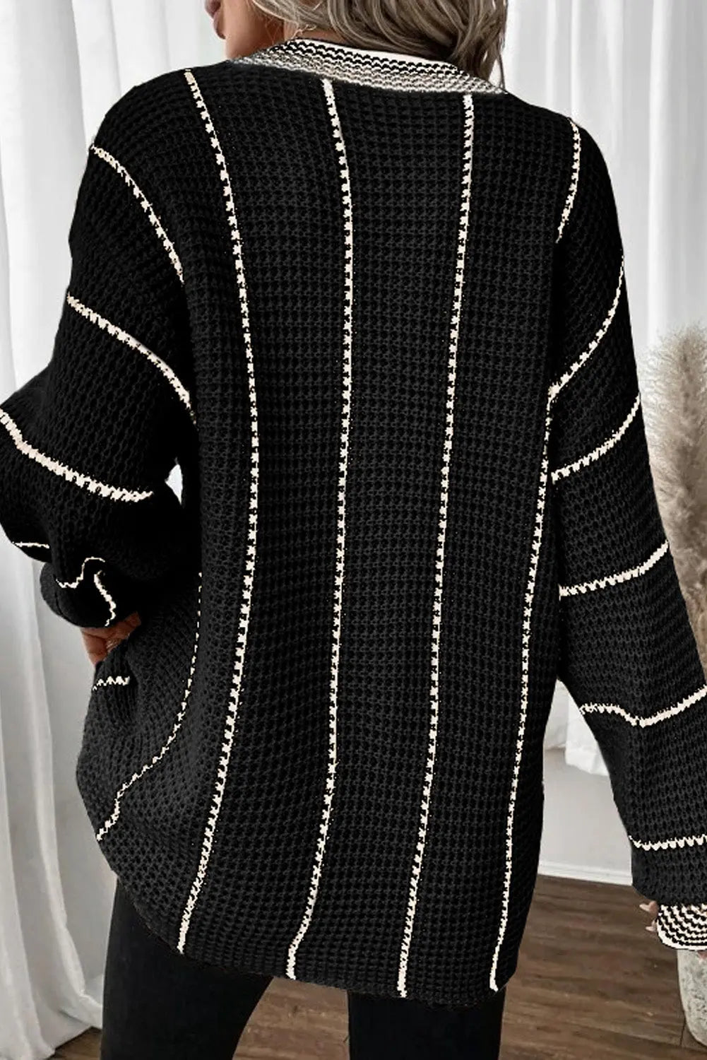 Black Colourblock Striped V Neck Knitted Loose Sweater Beagle Boutique Fashion Outlet