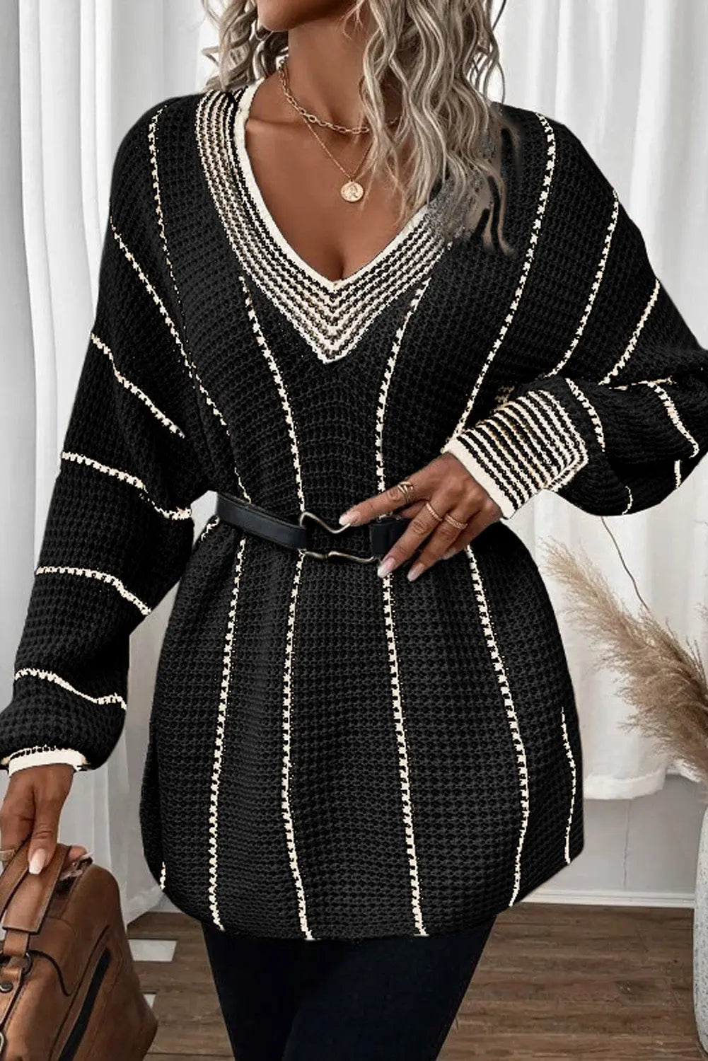 Black Colourblock Striped V Neck Knitted Loose Sweater Beagle Boutique Fashion Outlet