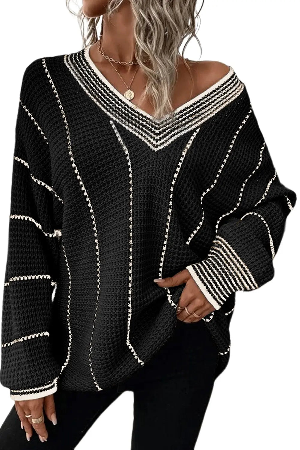 Black Colourblock Striped V Neck Knitted Loose Sweater Beagle Boutique Fashion Outlet