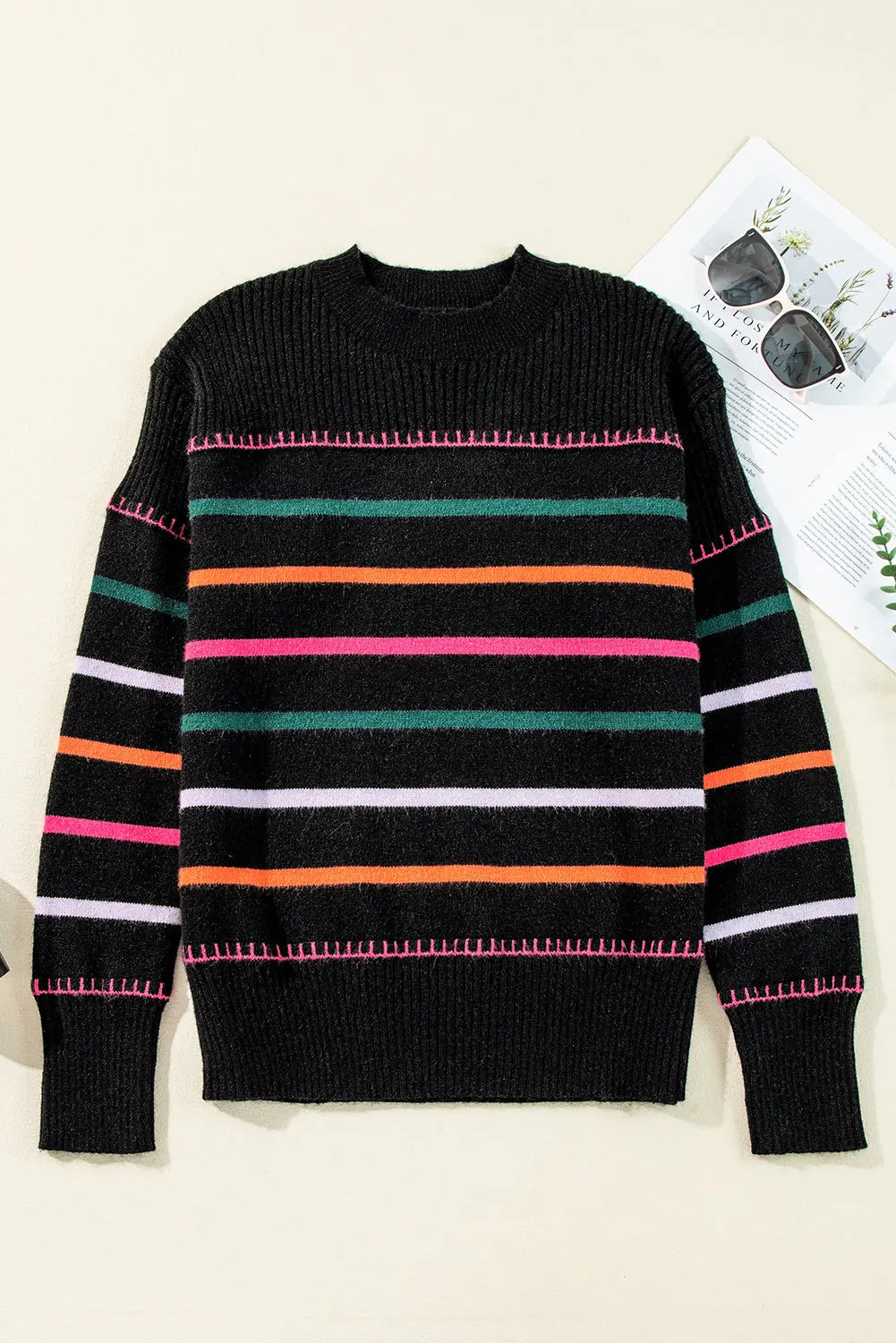 Black Colourful Striped Ribbed Trim Sweater Beagle Boutique Fashion Outlet