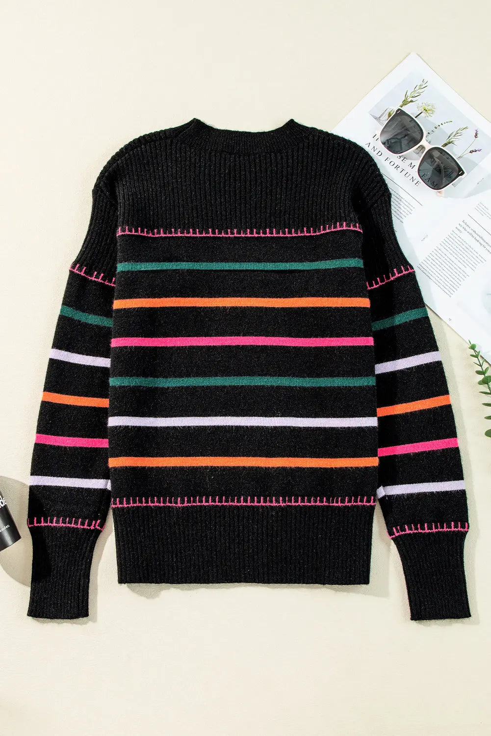 Black Colourful Striped Ribbed Trim Sweater Beagle Boutique Fashion Outlet