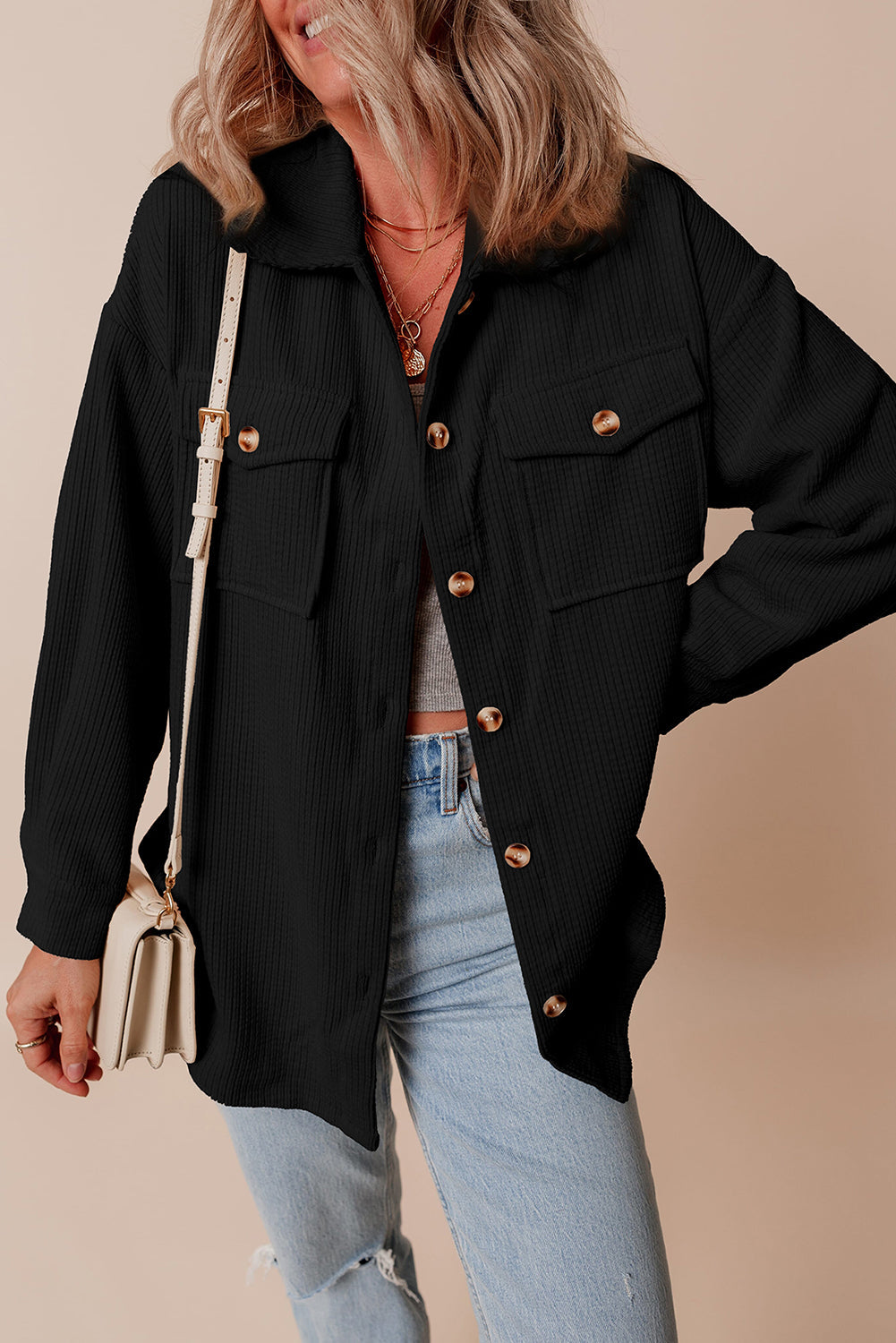 Black Corduroy Flap Pocket Button Up Shacket - BLACK / S / 75% POLYESTER + 20% VISCOSE + 5% ELASTANE - Outerwear/Jackets