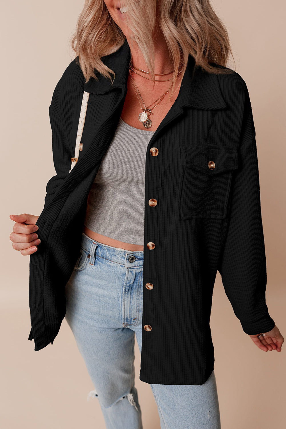 Black Corduroy Flap Pocket Button Up Shacket - Outerwear/Jackets