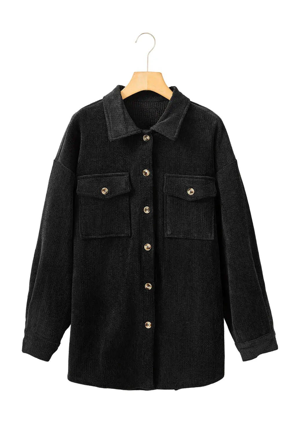 Black Corduroy Flap Pocket Button Up Shacket - Outerwear/Jackets