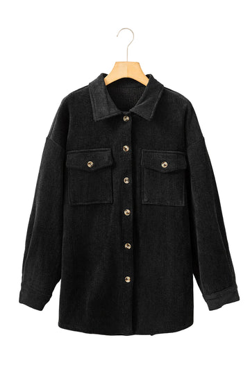 Black Corduroy Flap Pocket Button Up Shacket - Outerwear/Jackets