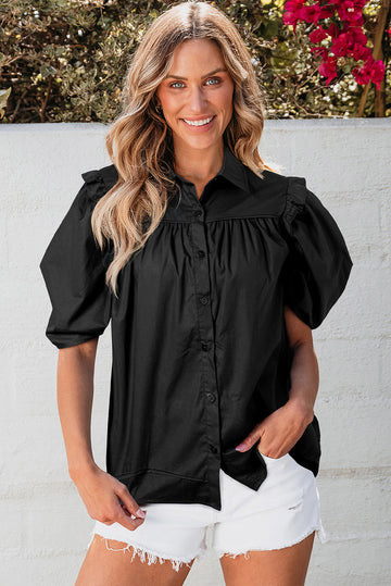 Black Crisp Puff Sleeve Loose Shirt - eAura