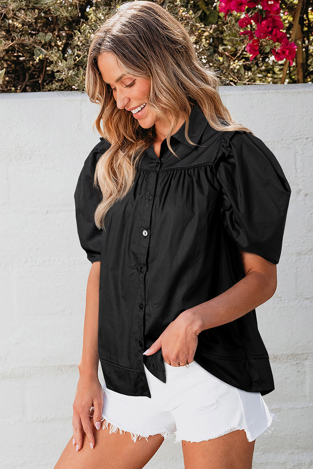 Black Crisp Puff Sleeve Loose Shirt - eAura