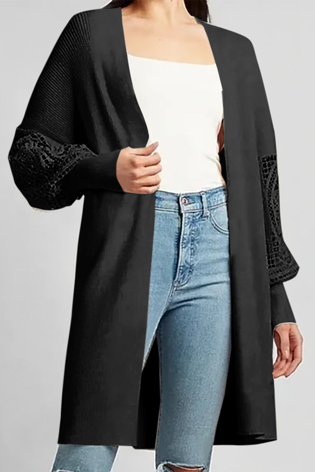 Black Crochet Lace Sleeve Ribbed Knit Cardigan - eAura