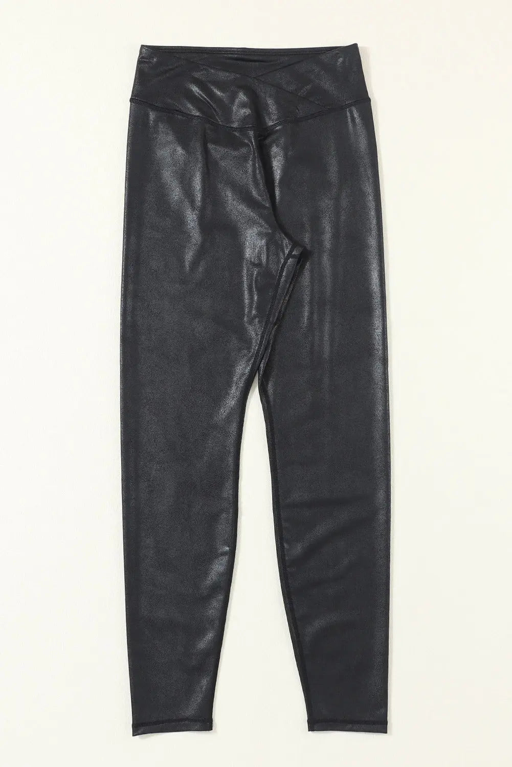 Black Crossed Dip Waist Sleek Leather Leggings eAura