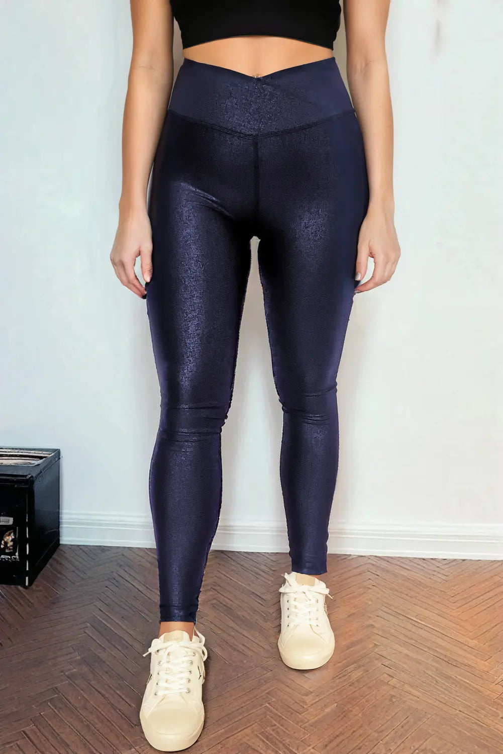 Black Crossed Dip Waist Sleek Leather Leggings eAura