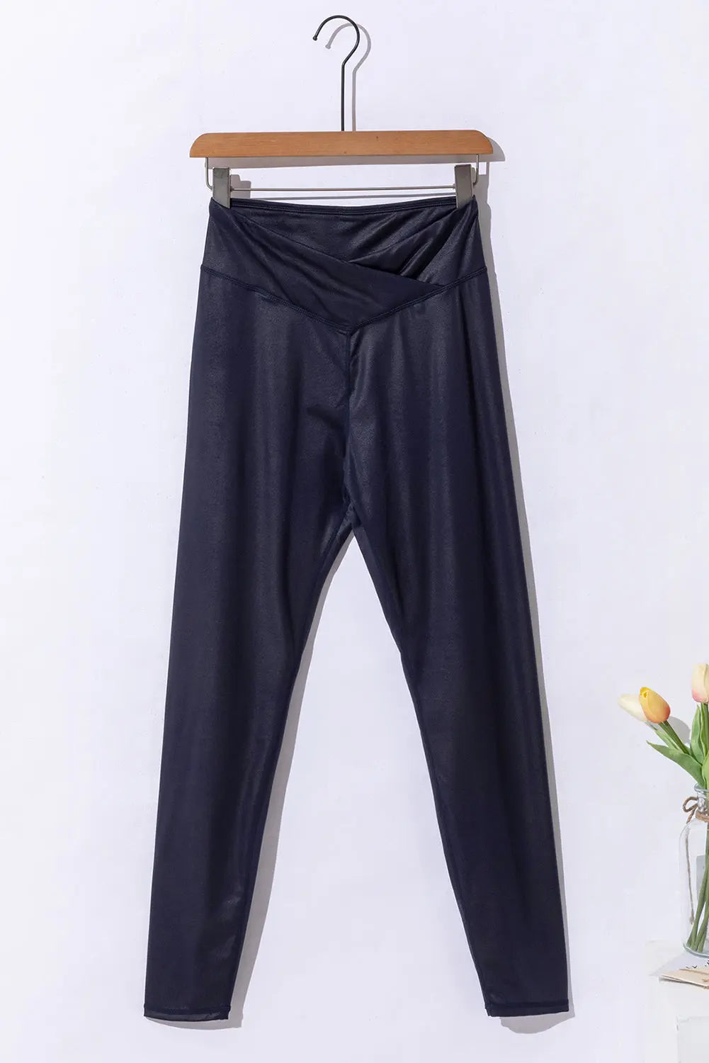 Black Crossed Dip Waist Sleek Leather Leggings eAura