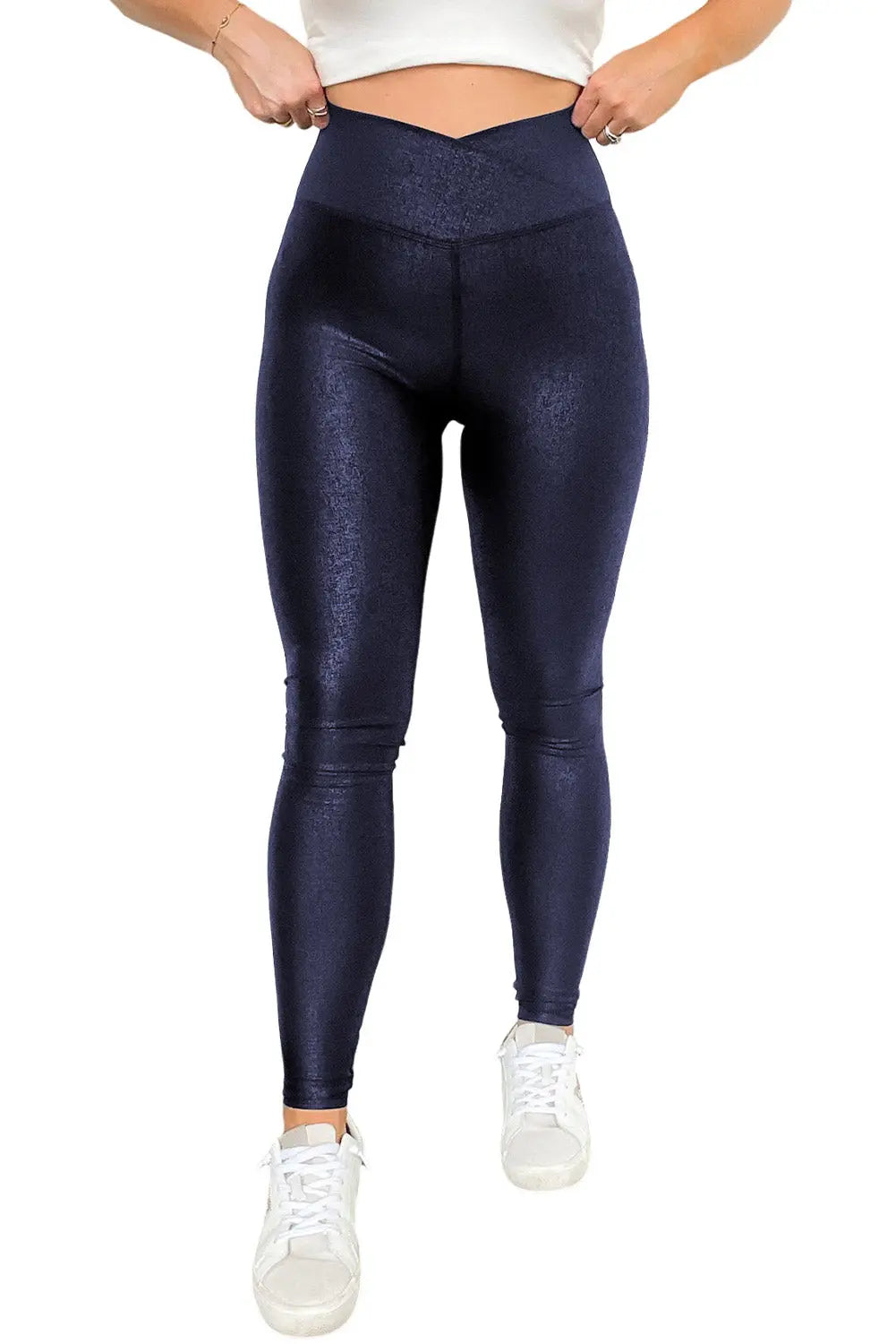 Black Crossed Dip Waist Sleek Leather Leggings eAura