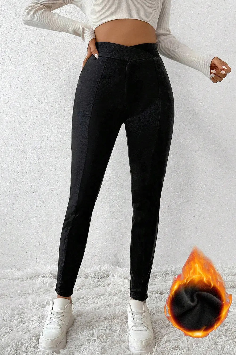 Black Crossed Waist Seamed Leg Thermal Leggings eAura