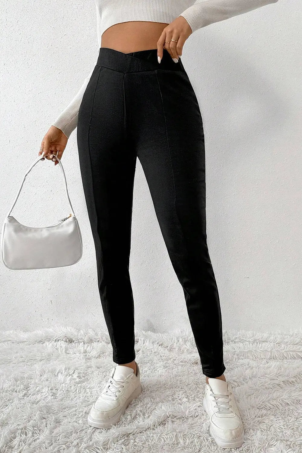 Black Crossed Waist Seamed Leg Thermal Leggings eAura