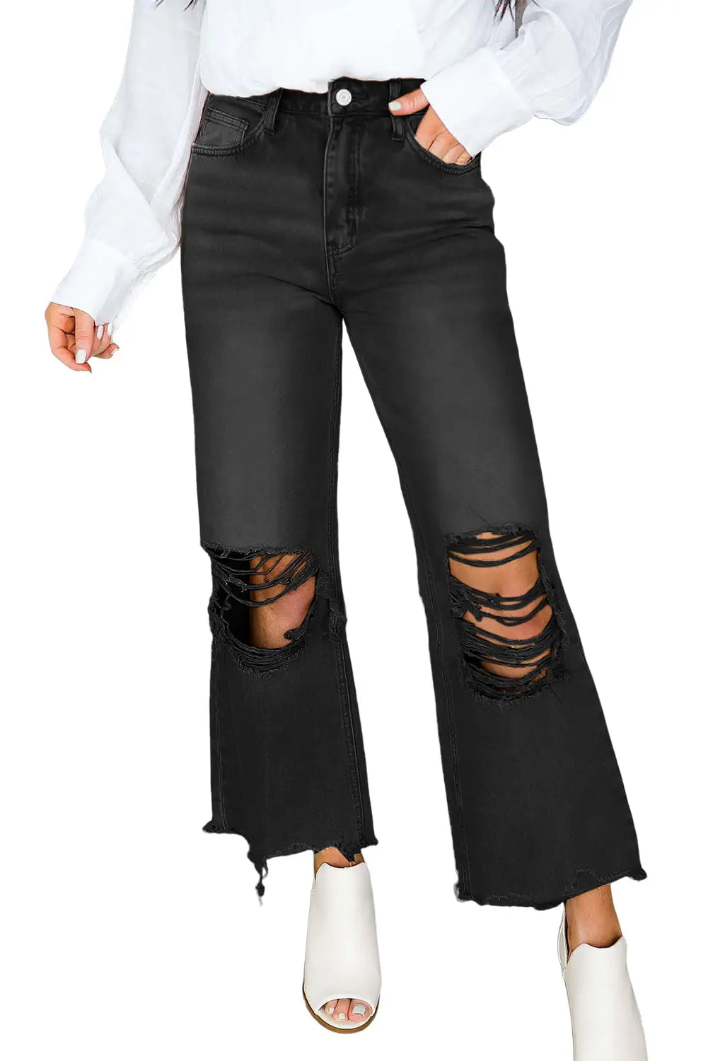 Black Distressed Hollow-out High Waist Cropped Flare Jeans eAura