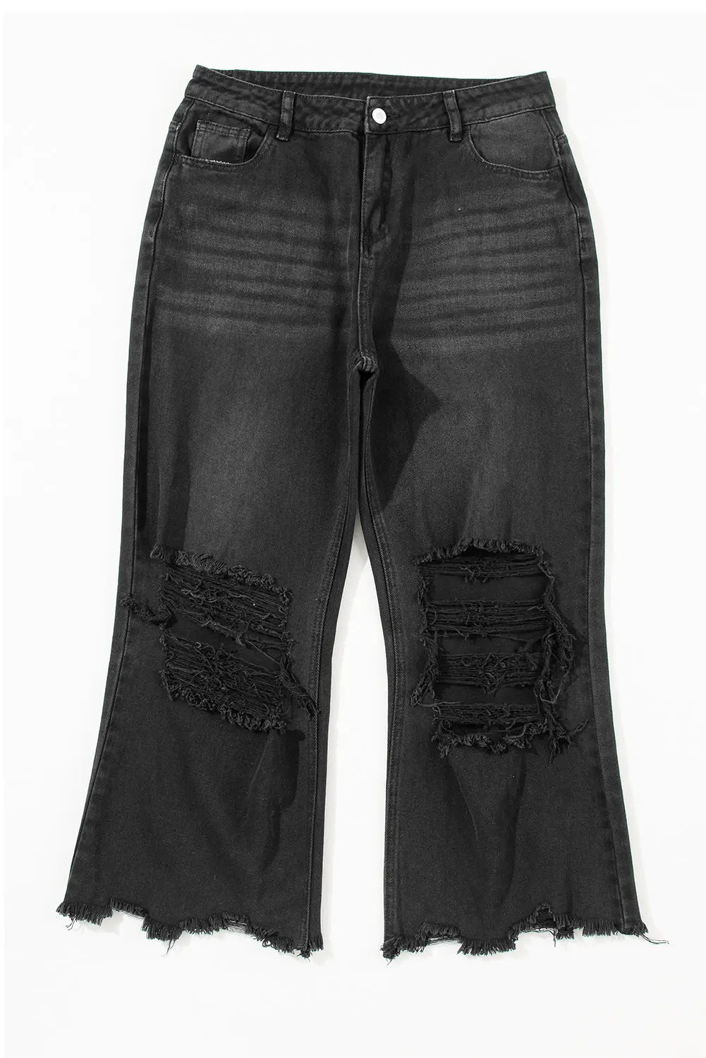 Black Distressed Hollow-out High Waist Cropped Flare Jeans eAura