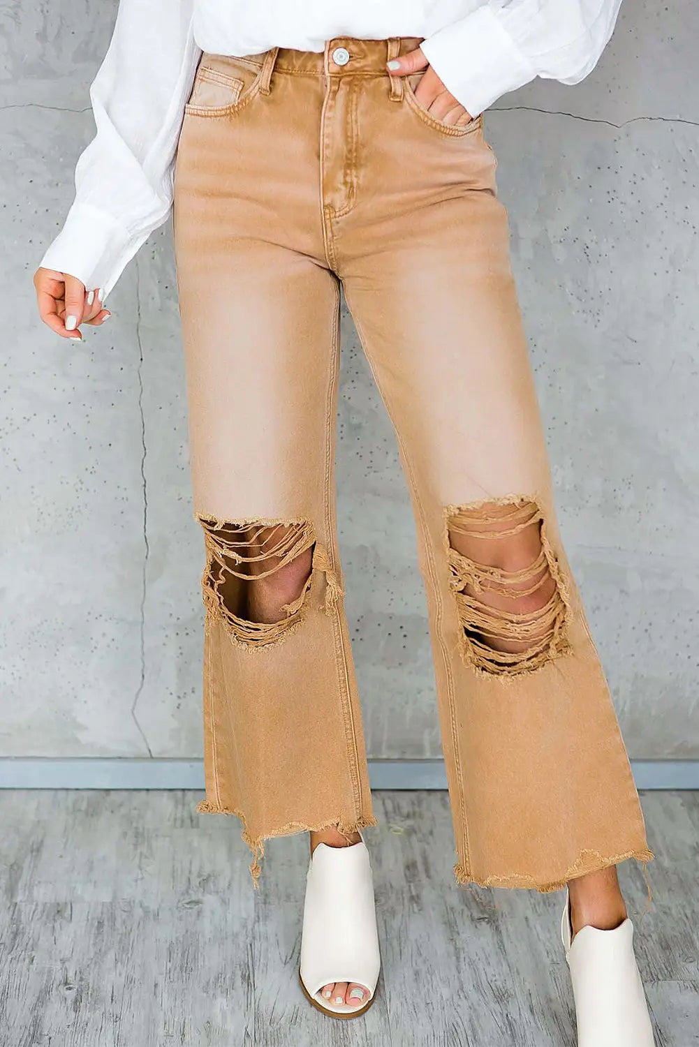 Black Distressed Hollow-out High Waist Cropped Flare Jeans eAura