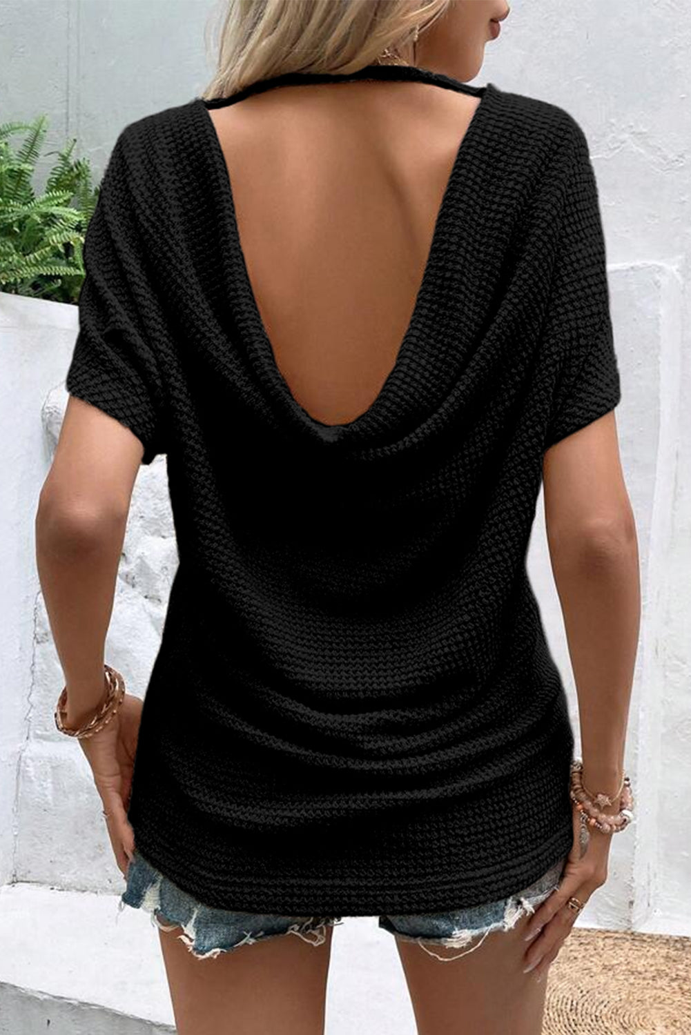 Black Draped Open Back Textured Tee - eAura