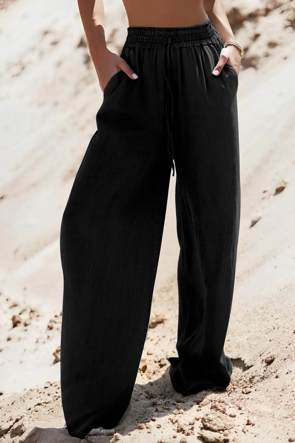 Black Drawstring High Waist Wide Leg Denim Trousers Beagle Boutique Fashion Outlet