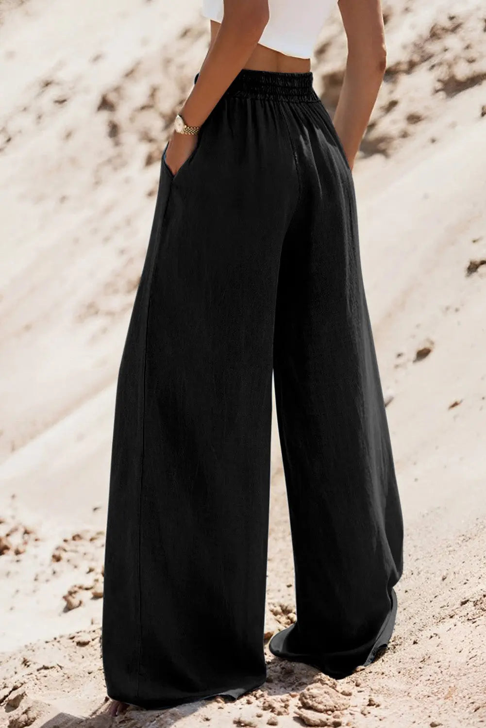 Black Drawstring High Waist Wide Leg Denim Trousers Beagle Boutique Fashion Outlet