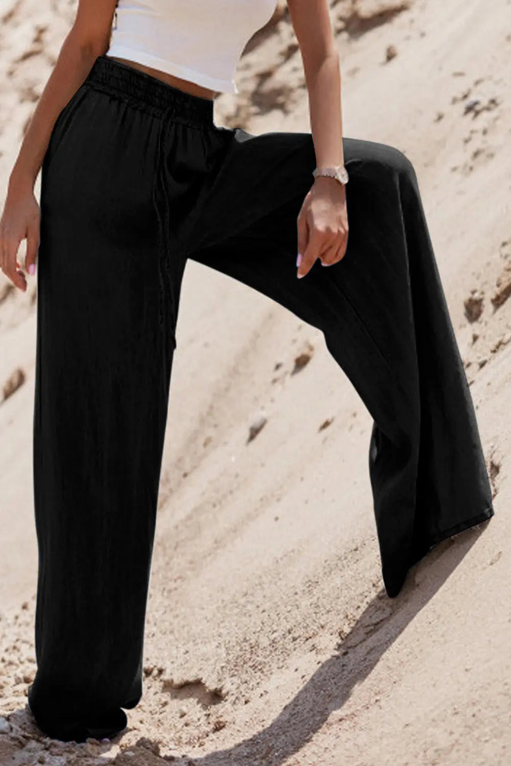 Black Drawstring High Waist Wide Leg Denim Trousers Beagle Boutique Fashion Outlet