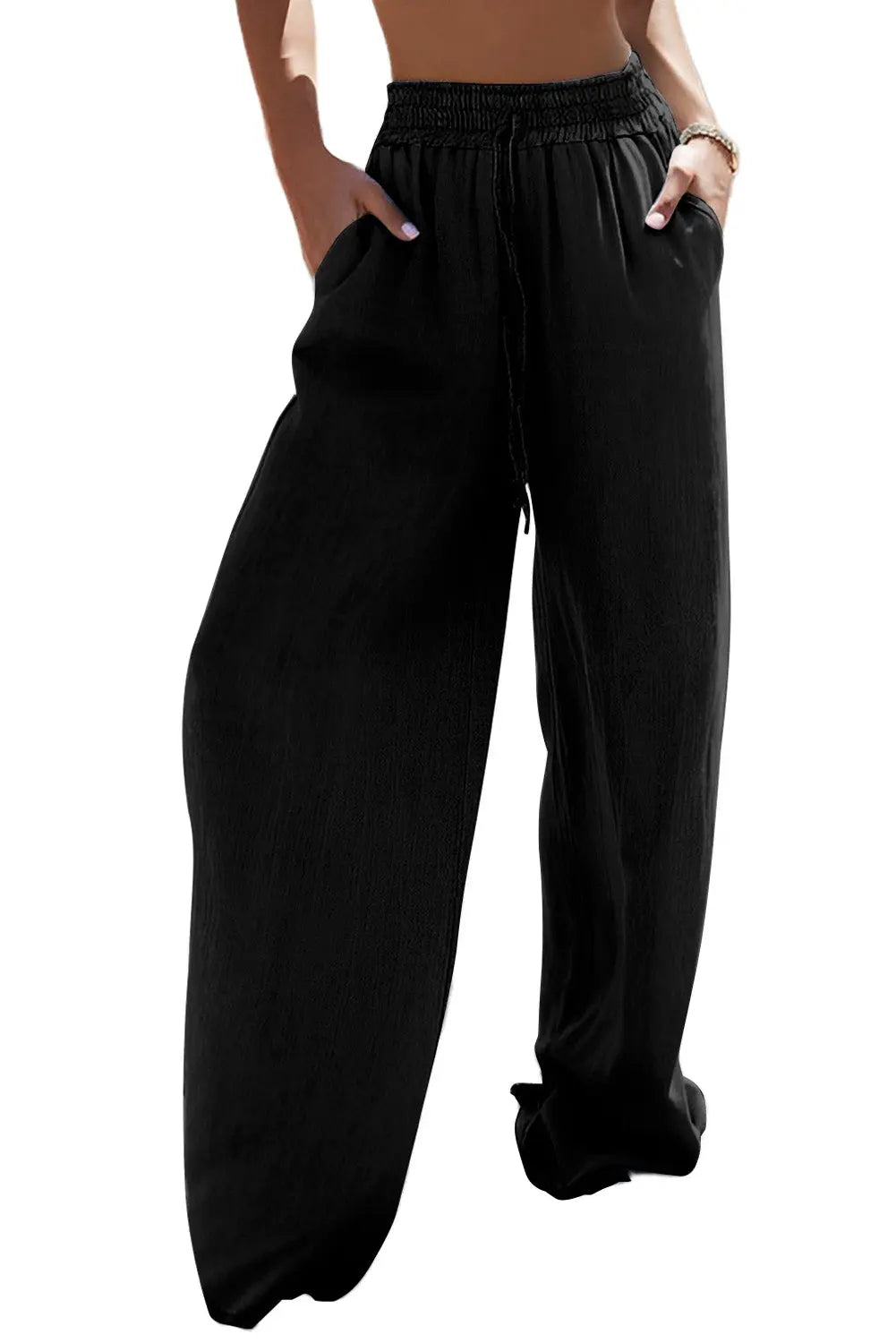 Black Drawstring High Waist Wide Leg Denim Trousers Beagle Boutique Fashion Outlet
