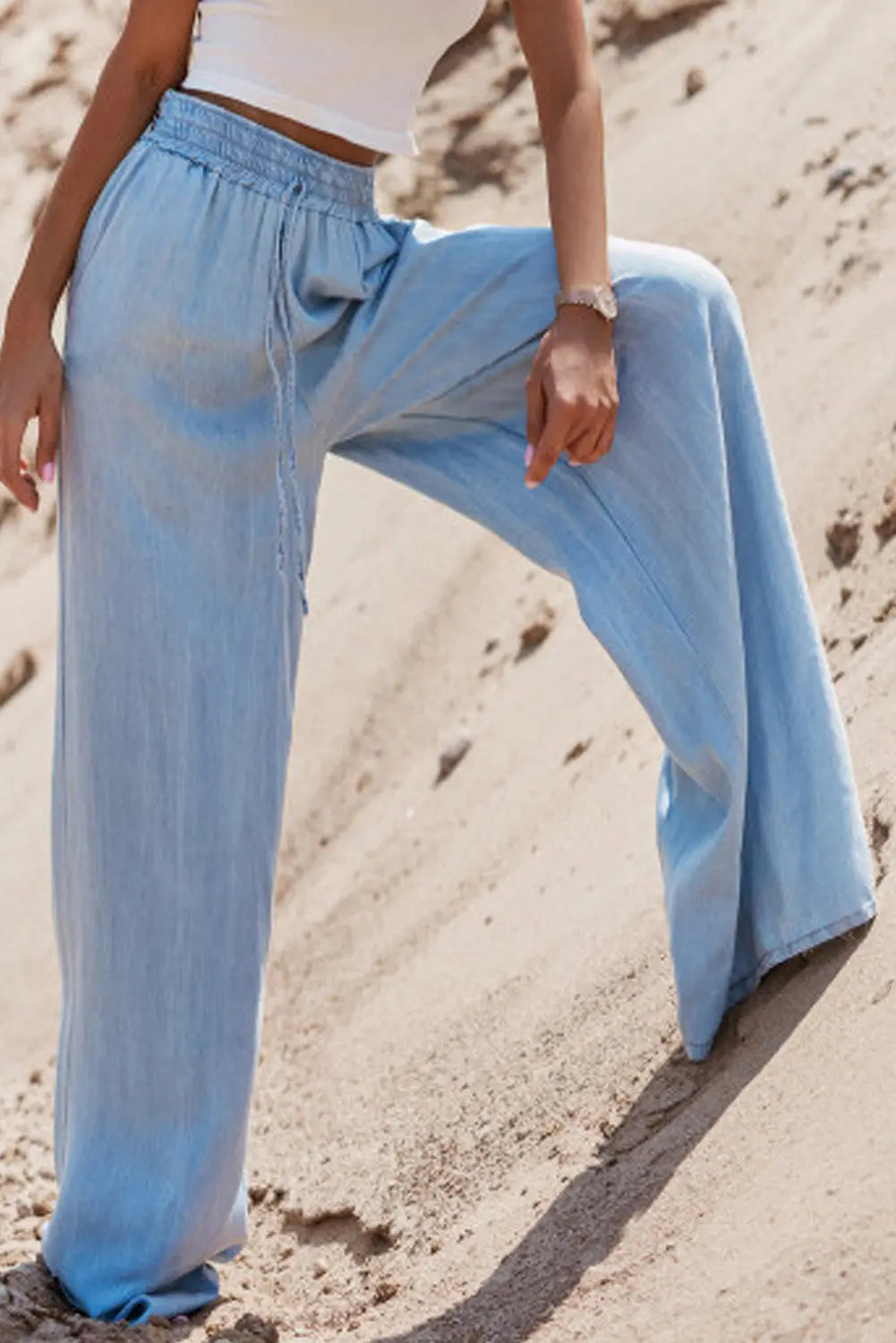 Black Drawstring High Waist Wide Leg Denim Trousers Beagle Boutique Fashion Outlet