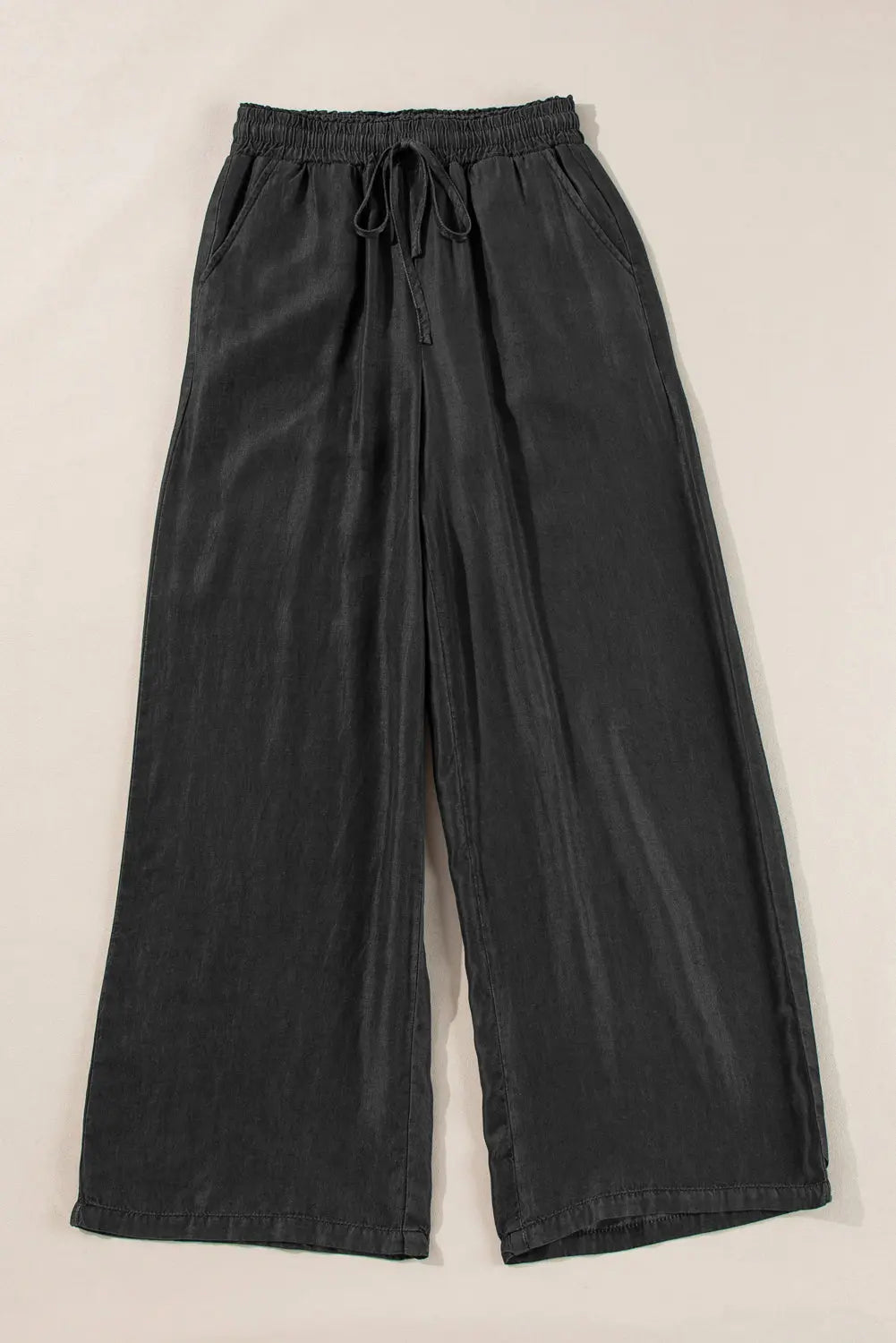 Black Drawstring High Waist Wide Leg Denim Trousers Beagle Boutique Fashion Outlet