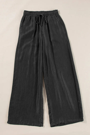 Black Drawstring High Waist Wide Leg Denim Trousers Beagle Boutique Fashion Outlet