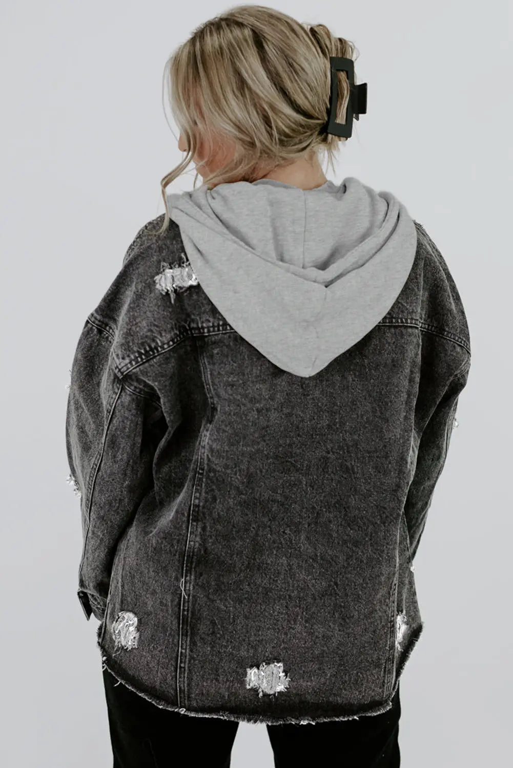 Black Drawstring Hooded Frayed Denim Jacket - eAura