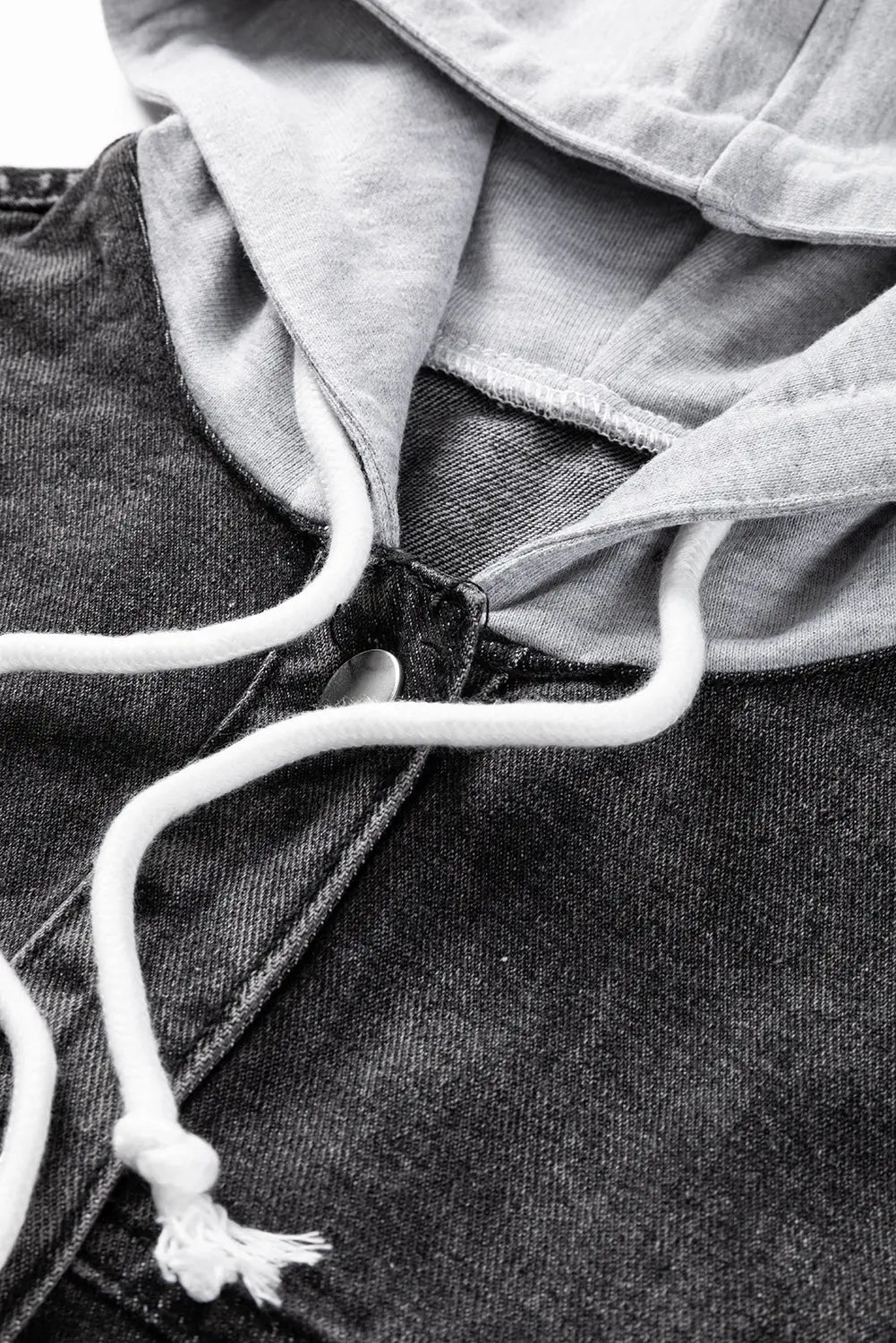 Black Drawstring Hooded Frayed Denim Jacket - eAura