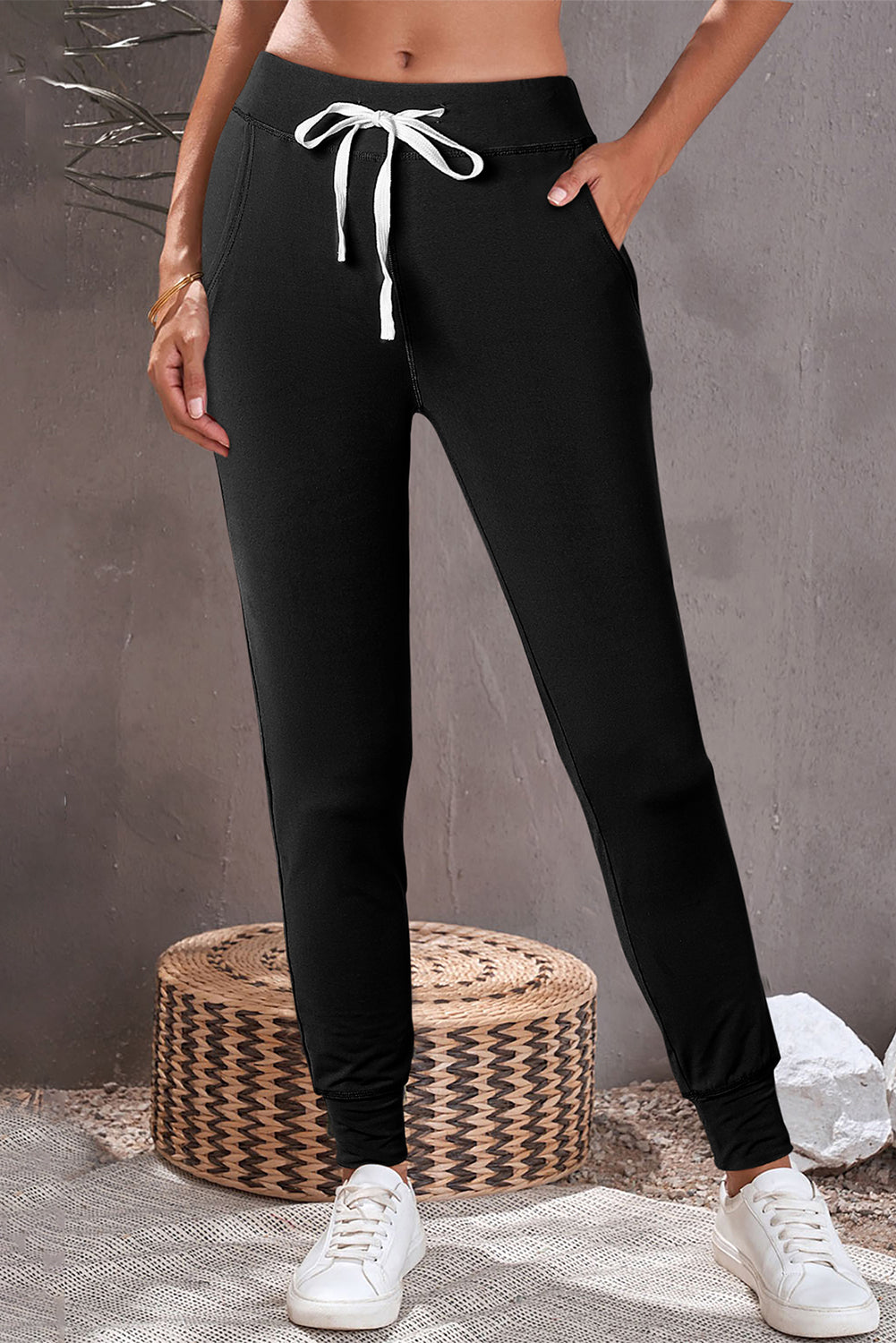 Black Drawstring Waist Pocketed Joggers - eAura