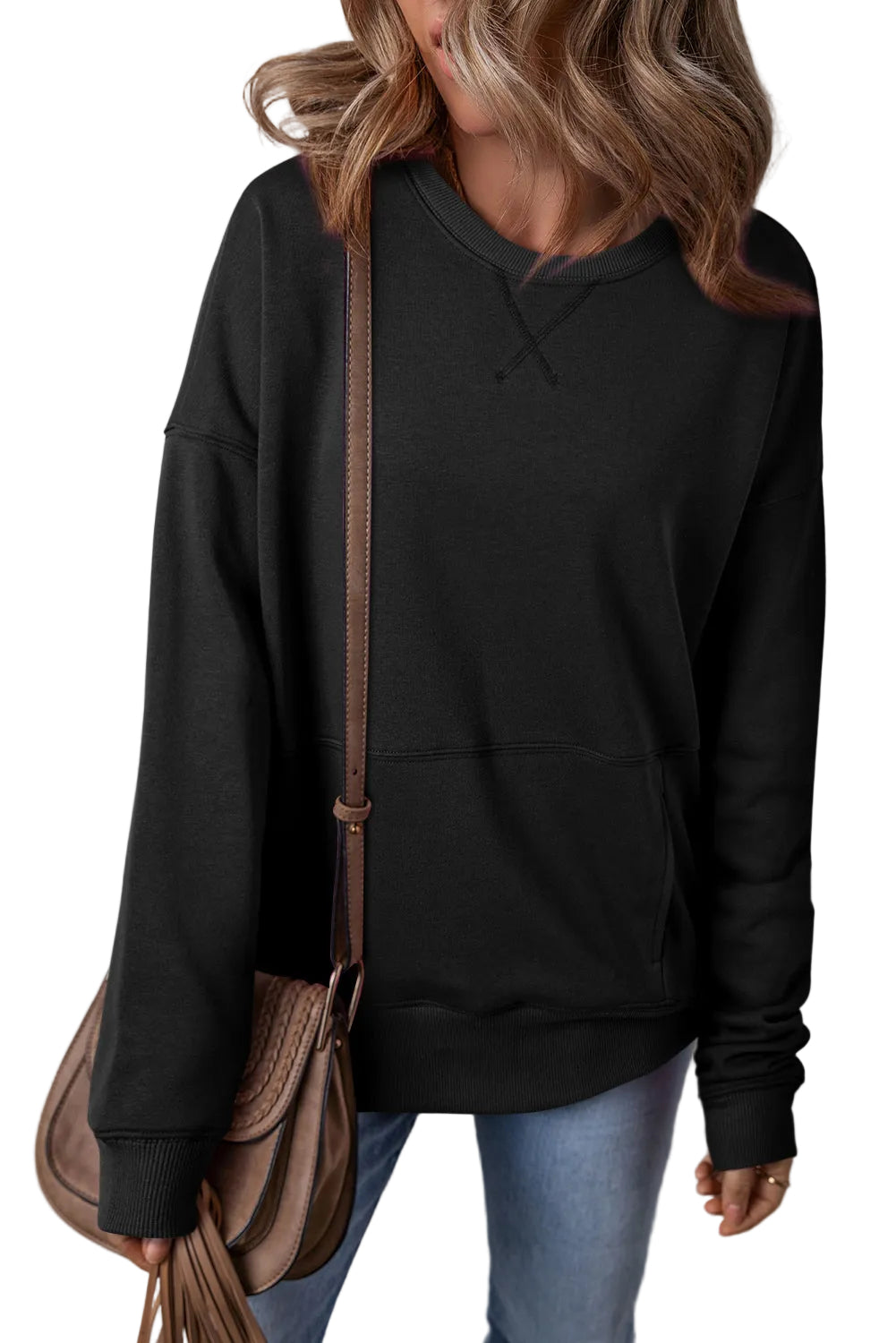 Black Drop Shoulder Crisscross Stitching Pocketed Loose Sweatshirt - Tops/Sweatshirts & Hoodies