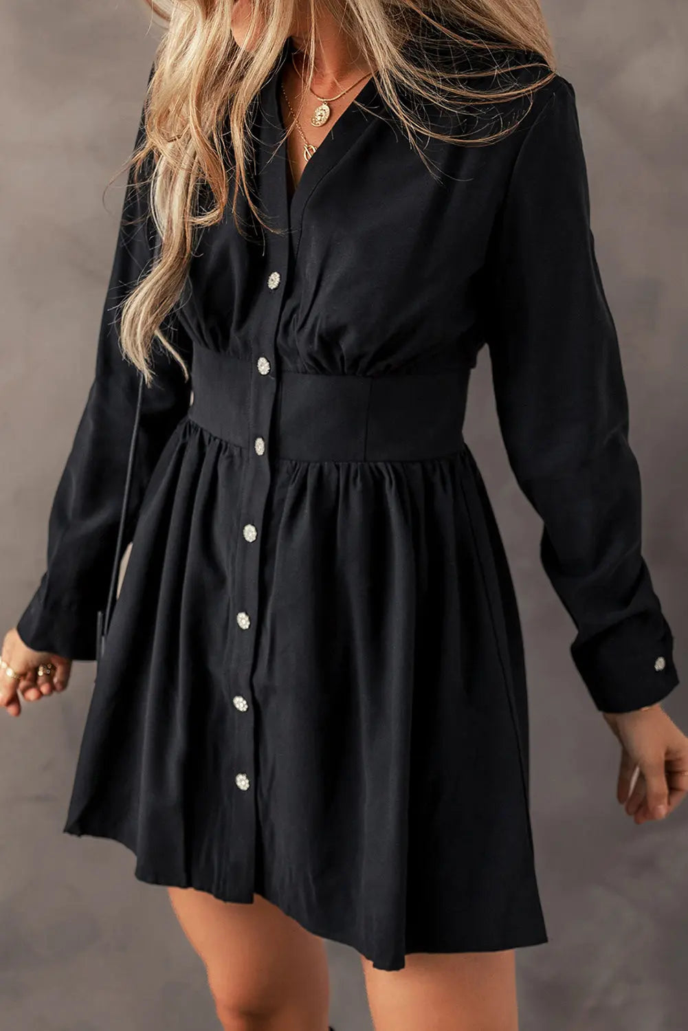Black Elastic Cinched High Waist Long Sleeve Shirt Mini Dress - eAura