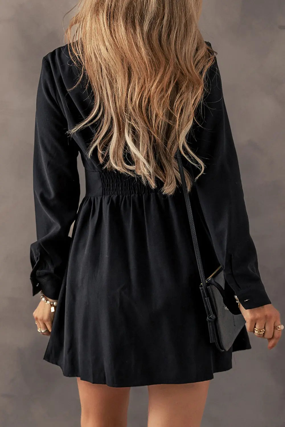 Black Elastic Cinched High Waist Long Sleeve Shirt Mini Dress - eAura