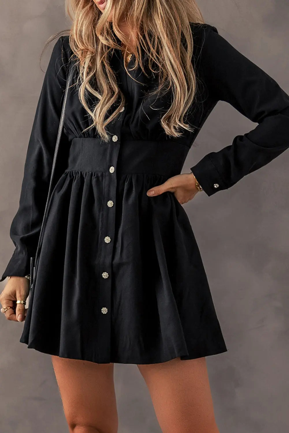 Black Elastic Cinched High Waist Long Sleeve Shirt Mini Dress - eAura