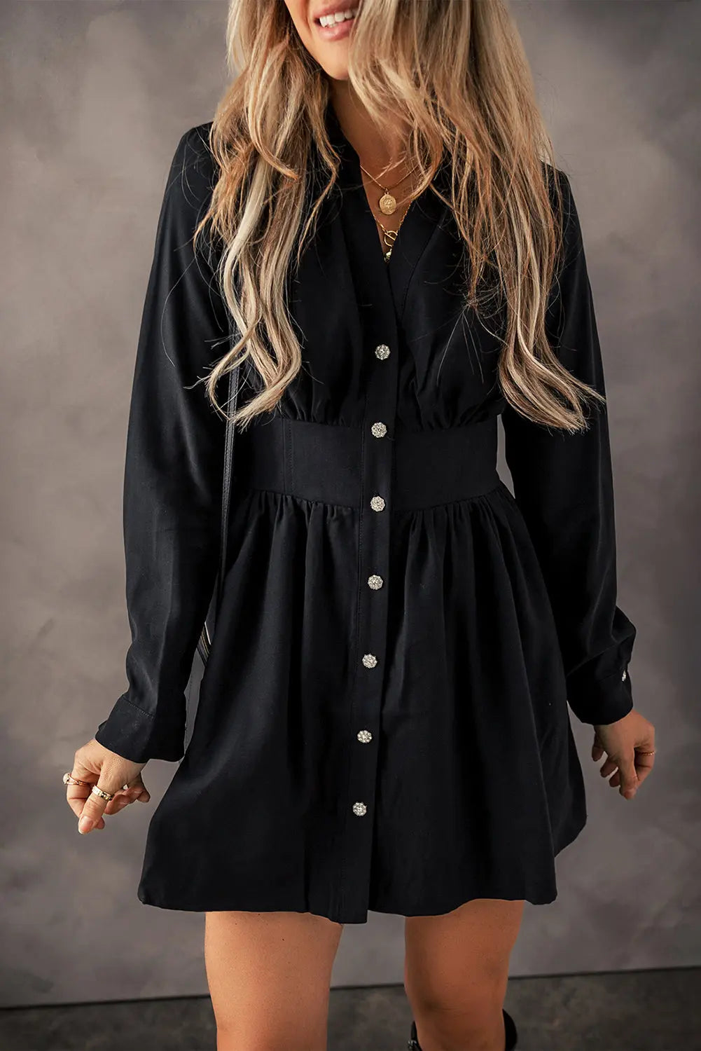 Black Elastic Cinched High Waist Long Sleeve Shirt Mini Dress - eAura