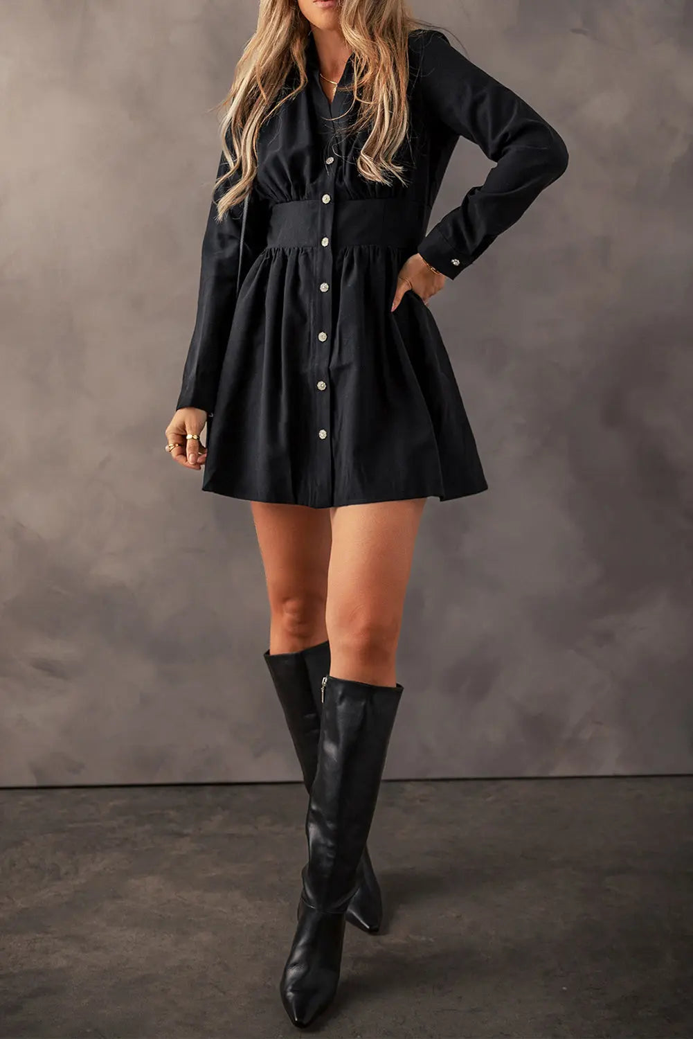 Black Elastic Cinched High Waist Long Sleeve Shirt Mini Dress - eAura