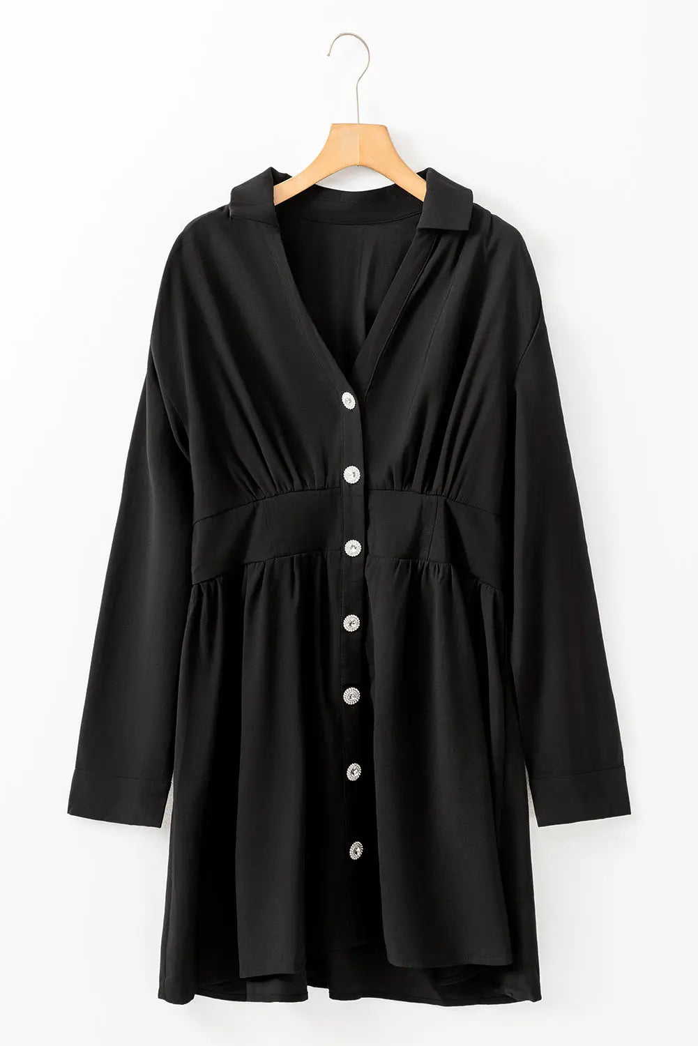 Black Elastic Cinched High Waist Long Sleeve Shirt Mini Dress - eAura