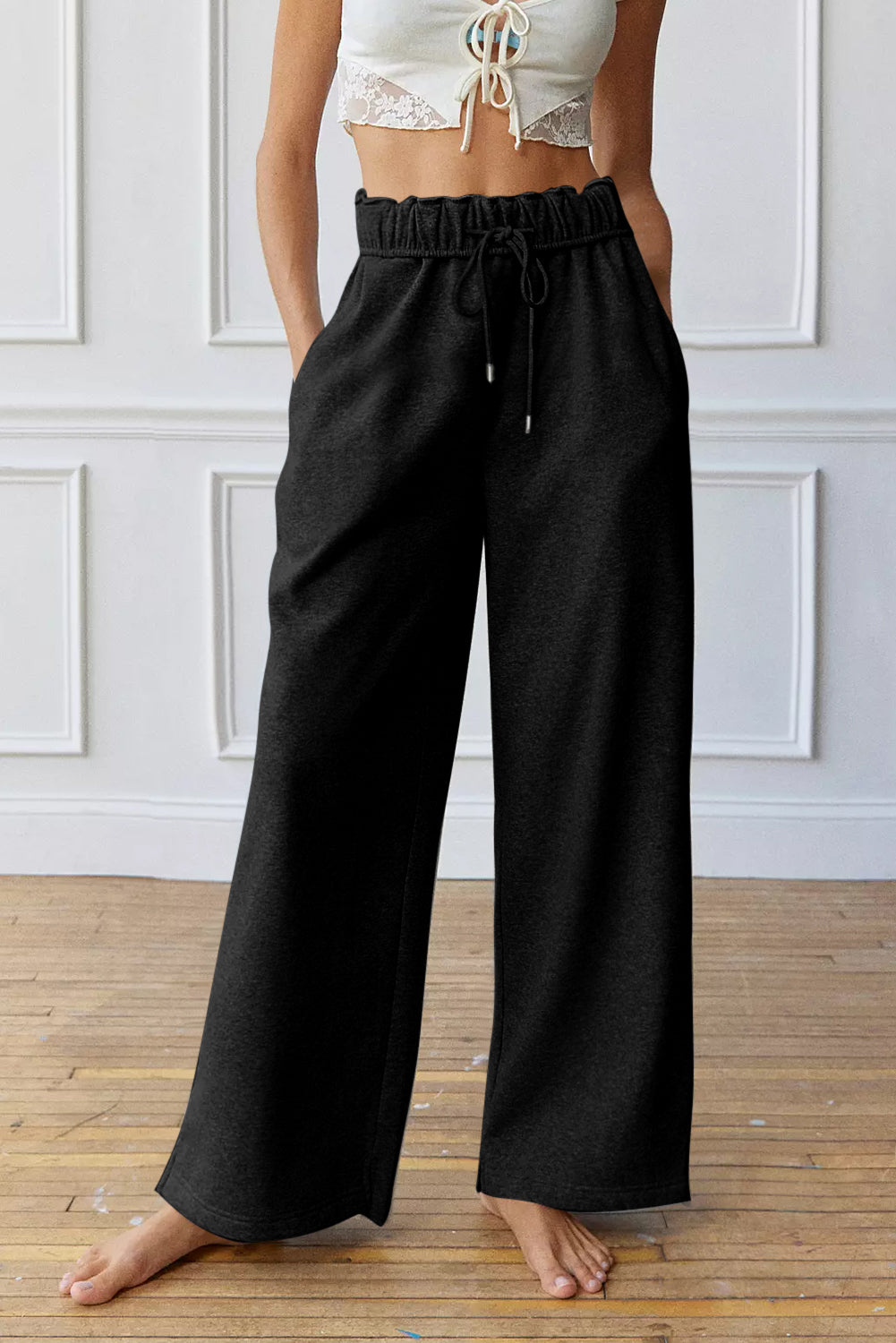 Black Elastic High Waist Drawstring SweatTrousers - BLACK / S / 75% POLYESTER + 25% COTTON - Bottoms/Joggers
