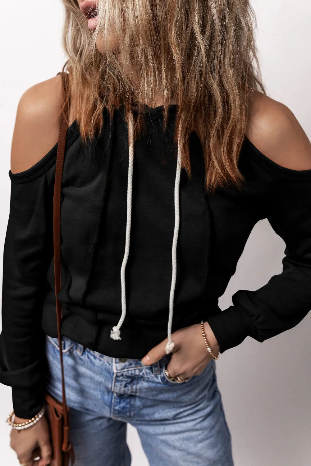 Black Exposed Seam Cold Shoulder Drawstring Hoodie Beagle Boutique Fashion Outlet