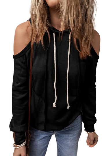 Shop Black Exposed Seam Cold Shoulder Drawstring Hoodie at eAura