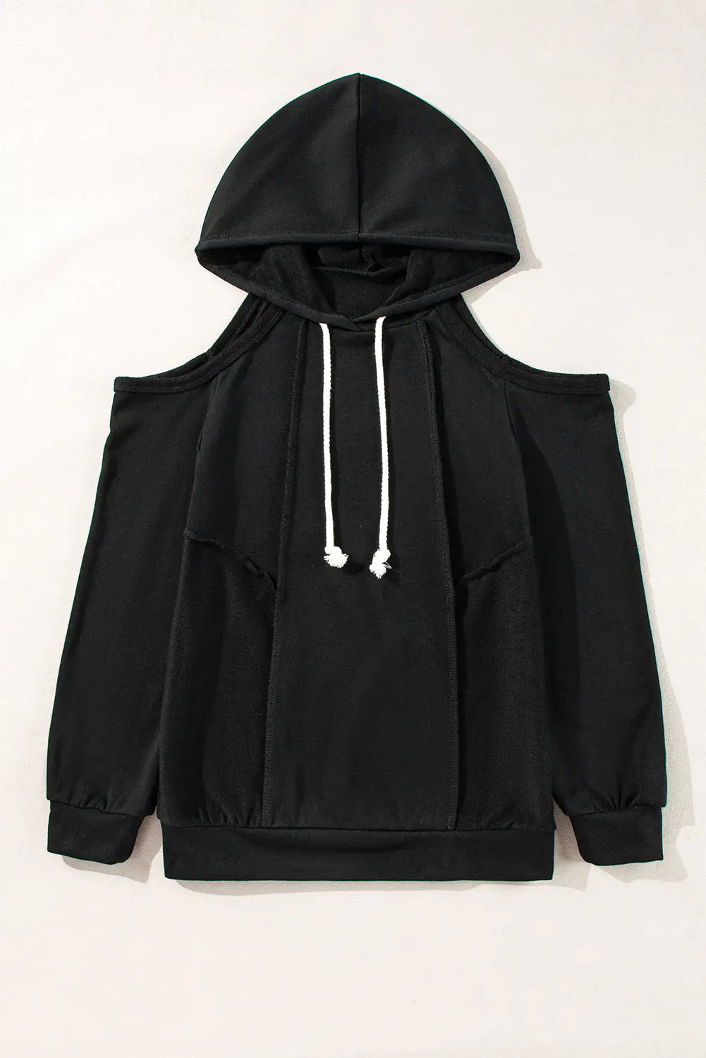 Black Exposed Seam Cold Shoulder Drawstring Hoodie Beagle Boutique Fashion Outlet