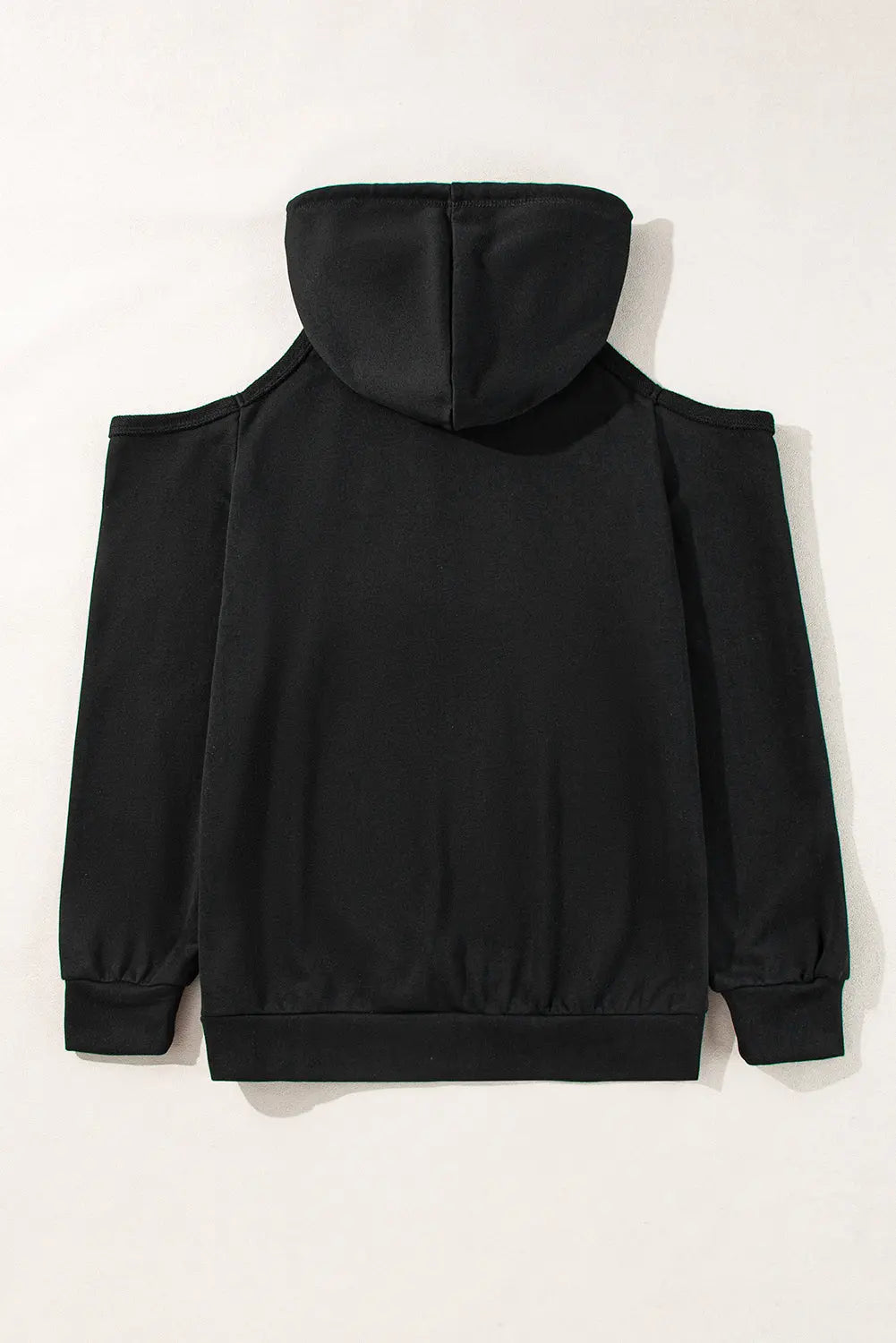 Black Exposed Seam Cold Shoulder Drawstring Hoodie Beagle Boutique Fashion Outlet