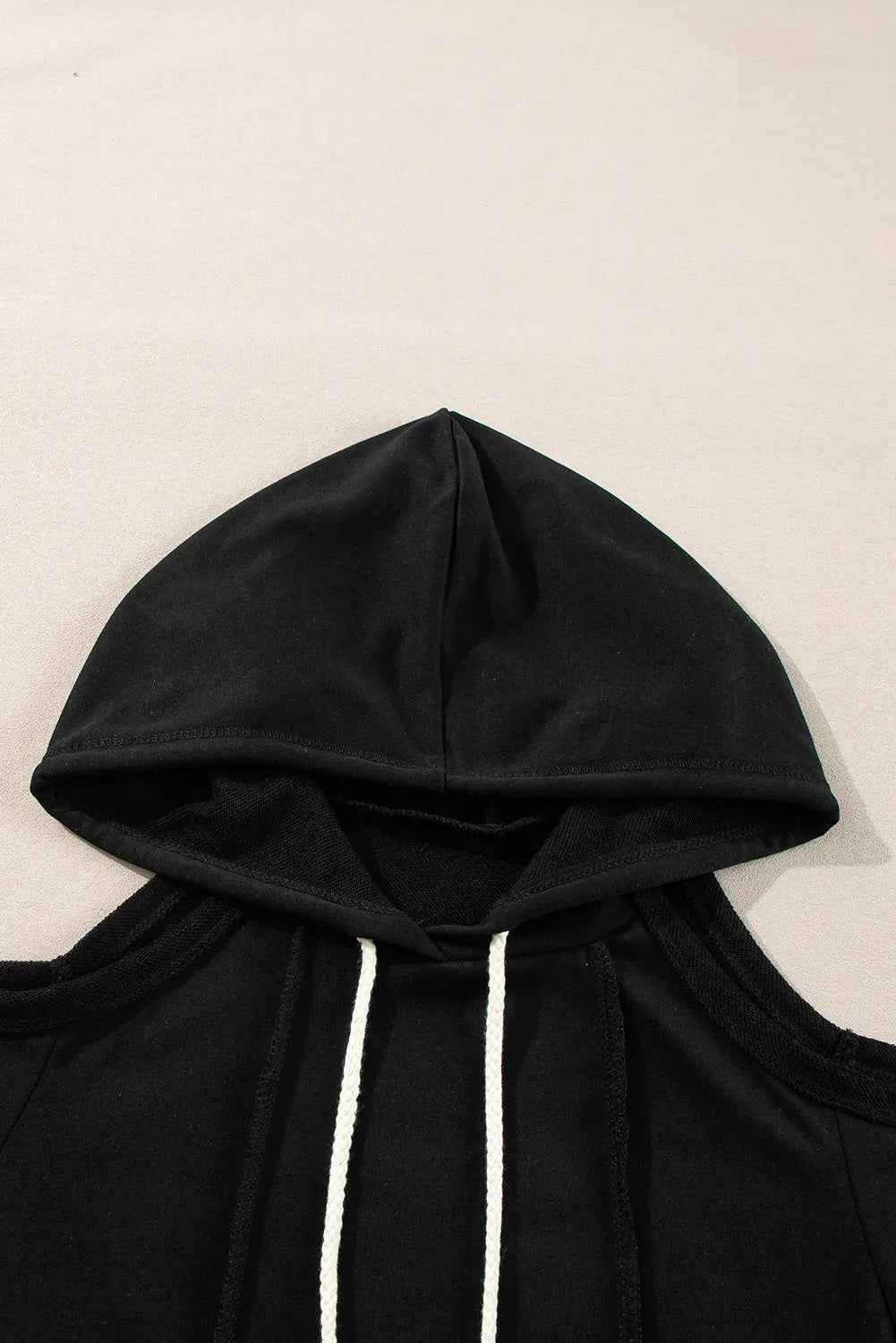 Black Exposed Seam Cold Shoulder Drawstring Hoodie Beagle Boutique Fashion Outlet