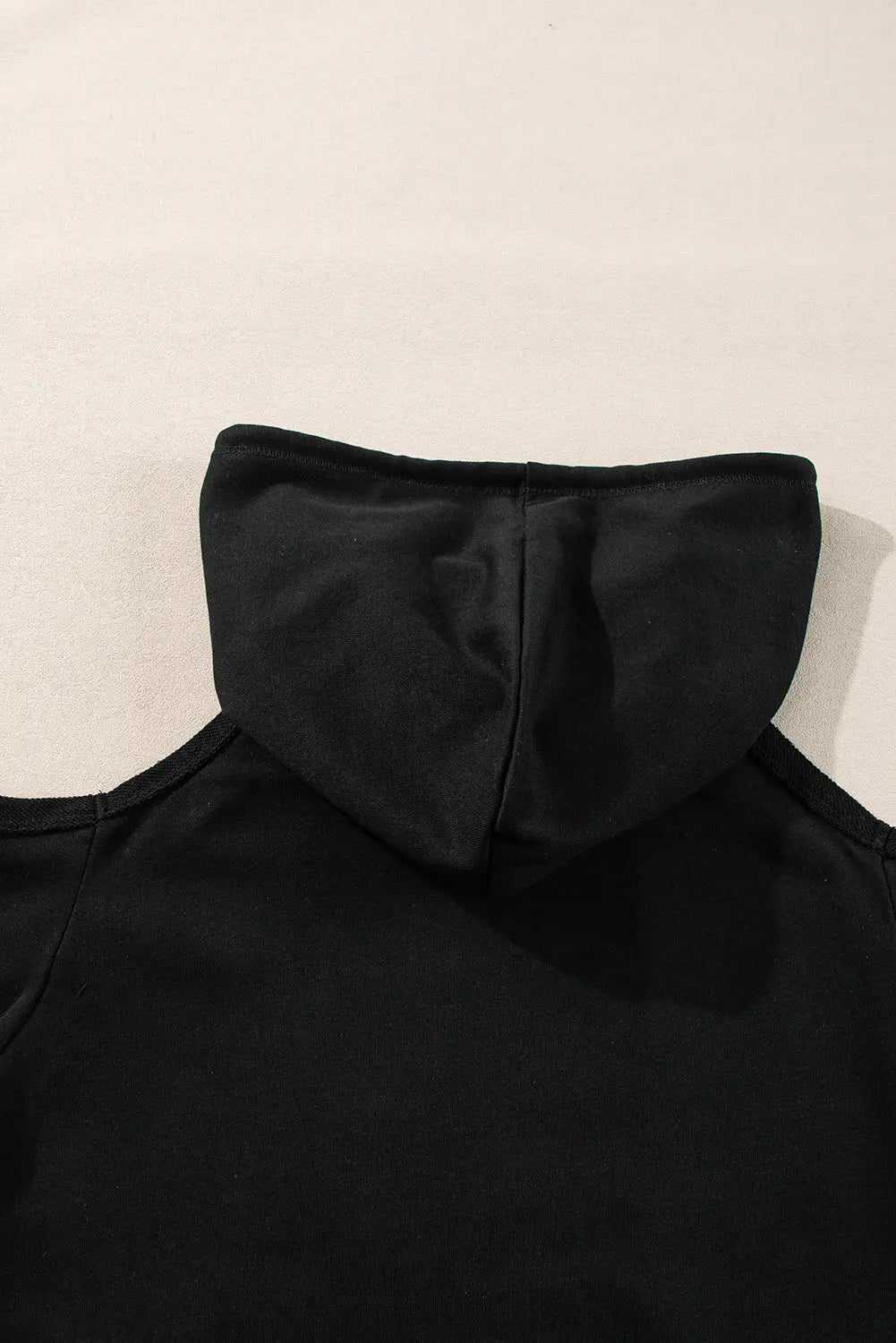 Black Exposed Seam Cold Shoulder Drawstring Hoodie Beagle Boutique Fashion Outlet